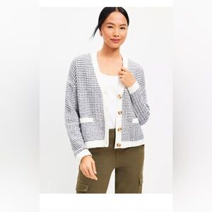 LOFT White and Navy Striped V-Neck Cardigan